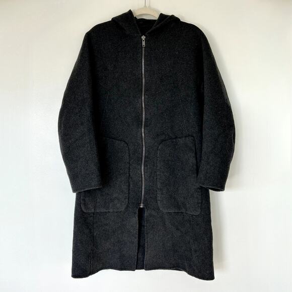 EUC Theory Double-Faced Wool Cashmere Hooded Duffle Coat Gray Longline Jacket L - Picture 10 of 16